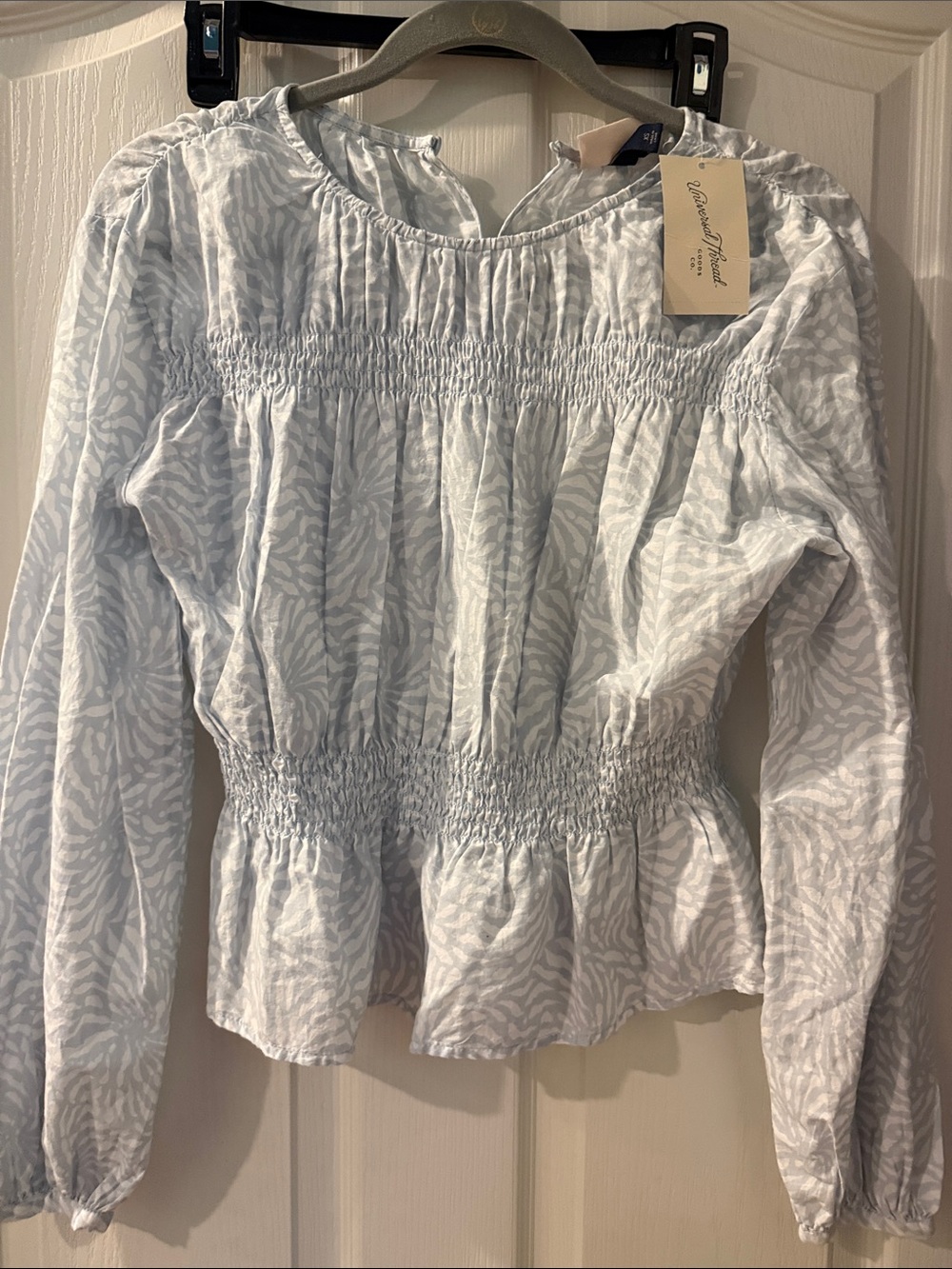 Universal threads Pale Blue Smocked Long-Sleeve Printed Blouse
